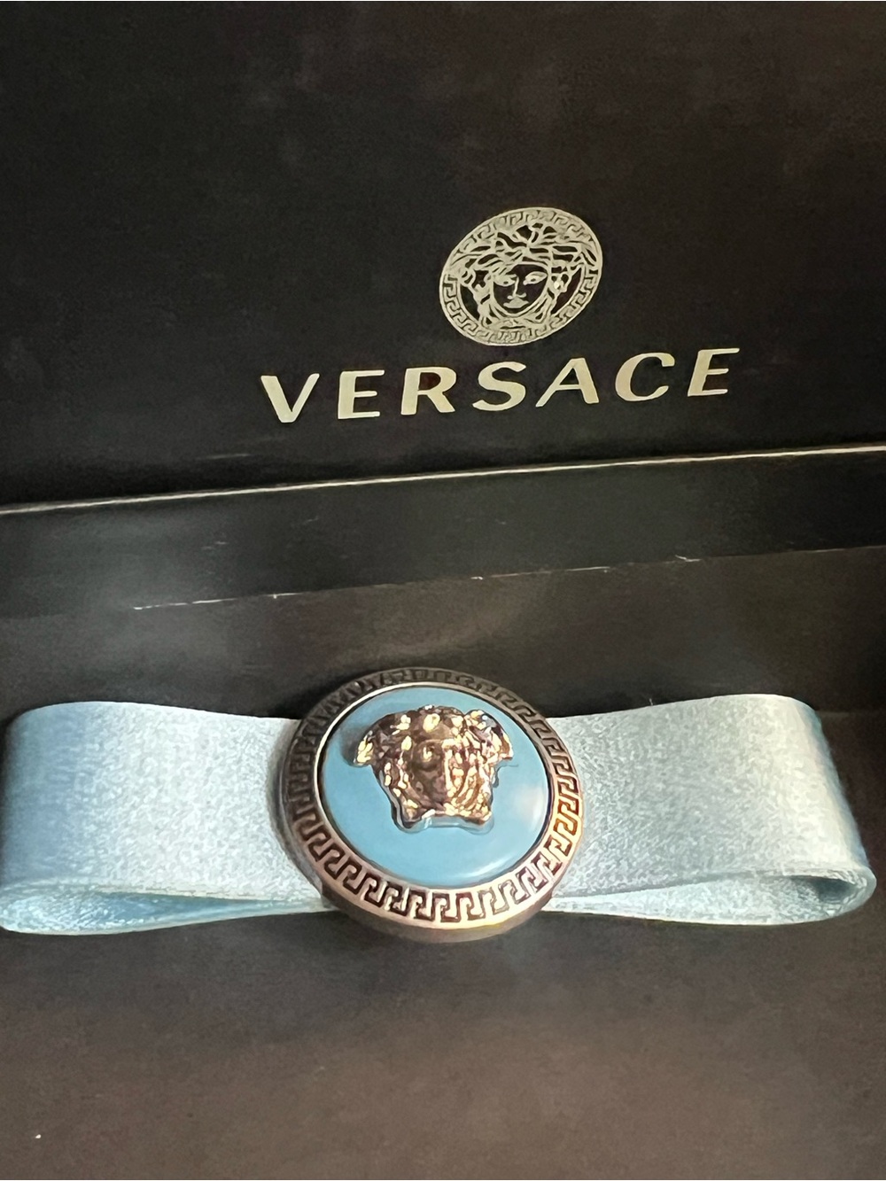 Versace Light Blue Medusa Hair Bow with Gold Medallion